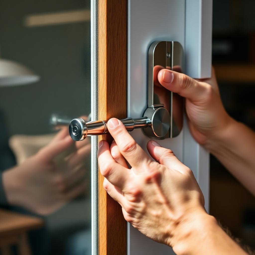 Technician repairing a sliding glass door lock and handle