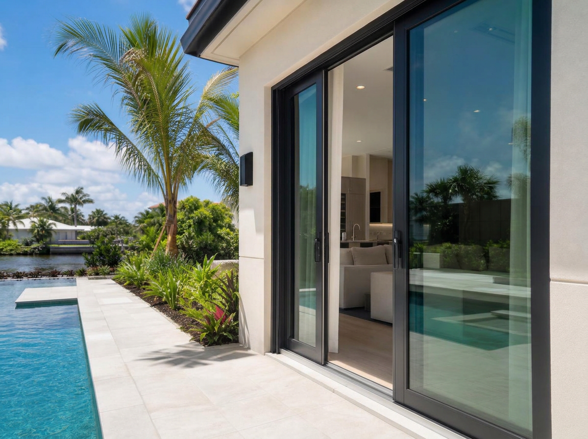 Modern sliding glass door with a South Florida pool and waterway view