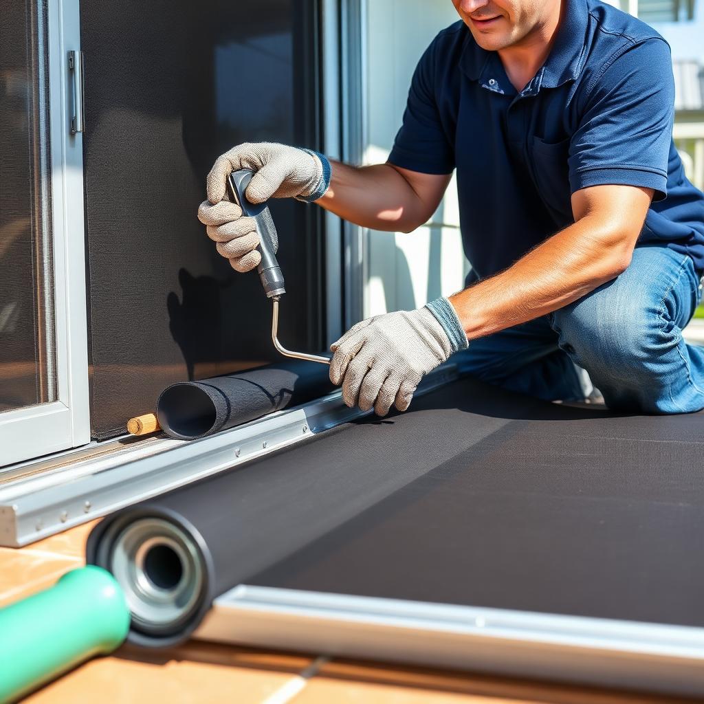 Technician re-screening a sliding screen door laid flat on the ground with new mesh